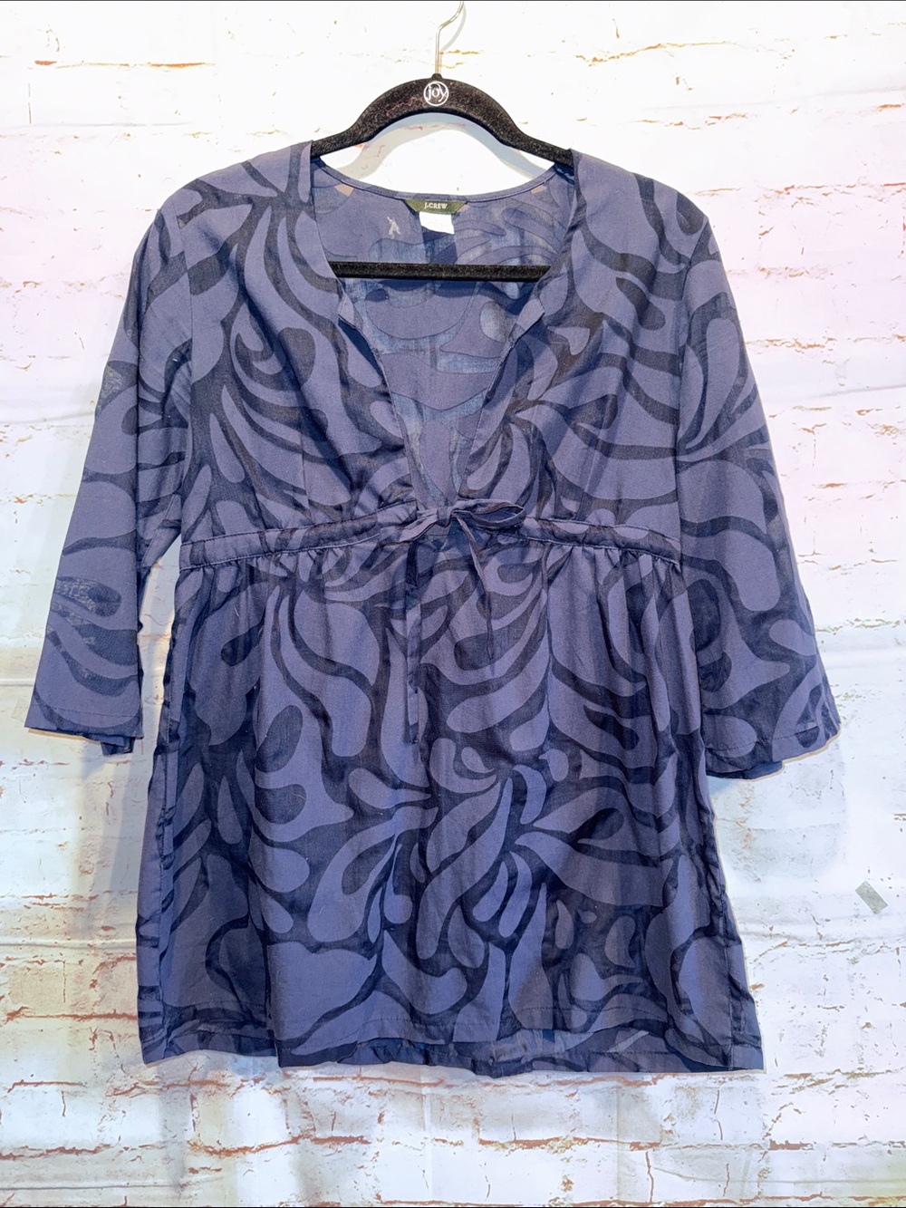 J. Crew Navy Swirl-Print empire waist Tie-Front Long Sleeve tunic cover up Small